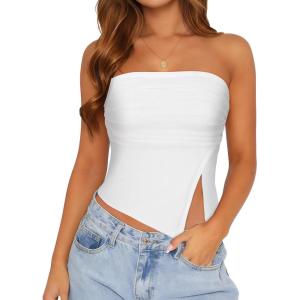 imageTube Top Strapless Mesh Floral Crop Tops Asymmetrical Hem Ruched Bandeau Going Out Summer Sleeveless ShirtsA Solid White