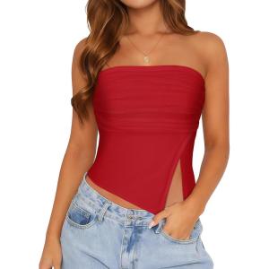 imageTube Top Strapless Mesh Floral Crop Tops Asymmetrical Hem Ruched Bandeau Going Out Summer Sleeveless ShirtsB Solid Red
