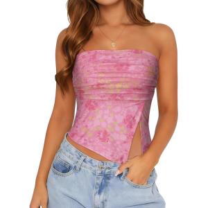 imageTube Top Strapless Mesh Floral Crop Tops Asymmetrical Hem Ruched Bandeau Going Out Summer Sleeveless ShirtsLight Pink Floral Print