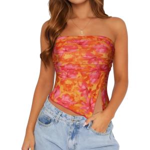 imageTube Top Strapless Mesh Floral Crop Tops Asymmetrical Hem Ruched Bandeau Going Out Summer Sleeveless ShirtsOrange Pink Floral Print
