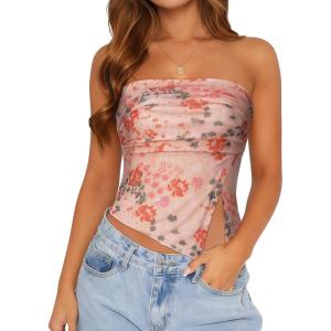 imageTube Top Strapless Mesh Floral Crop Tops Asymmetrical Hem Ruched Bandeau Going Out Summer Sleeveless ShirtsSmall Light Orange Flower