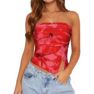 imageTube Top Strapless Mesh Floral Crop Tops Asymmetrical Hem Ruched Bandeau Going Out Summer Sleeveless ShirtsTie Dye Red Print